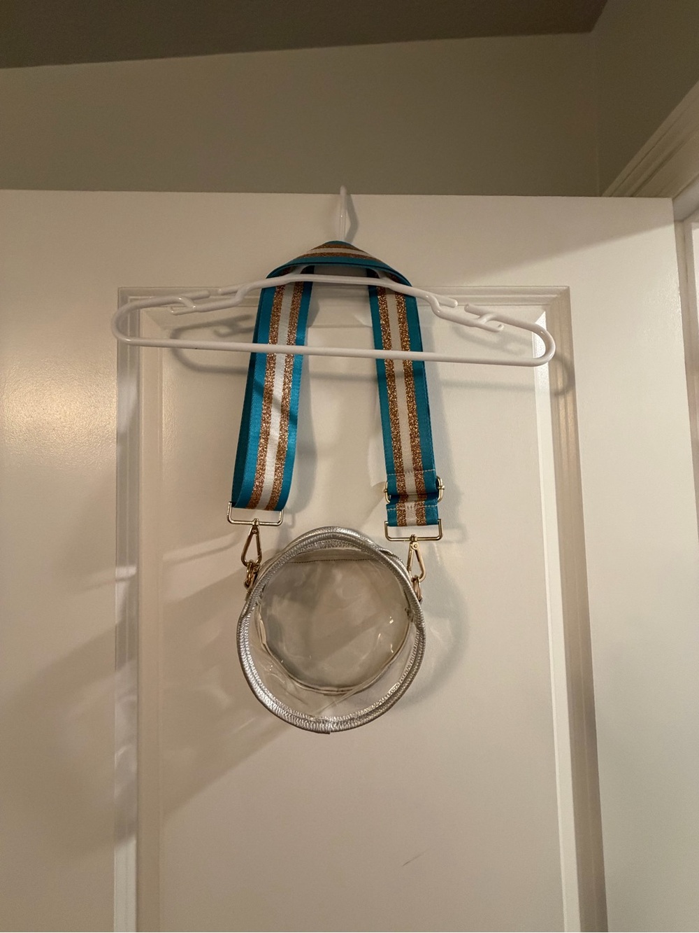 Women’s Clear Round Crossbody Bag with adjustable Teal Stripe Strap. EUC